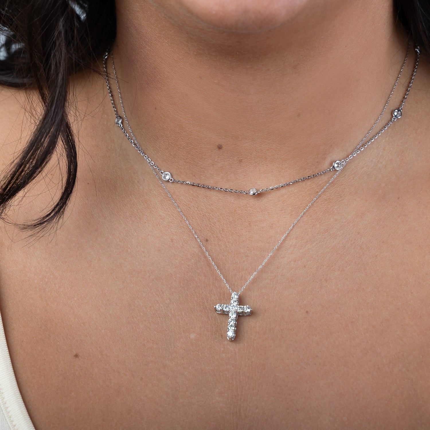 14K 1.00CTW Diamond by the Yard White Gold Necklace Layered, Bespoke by A + R