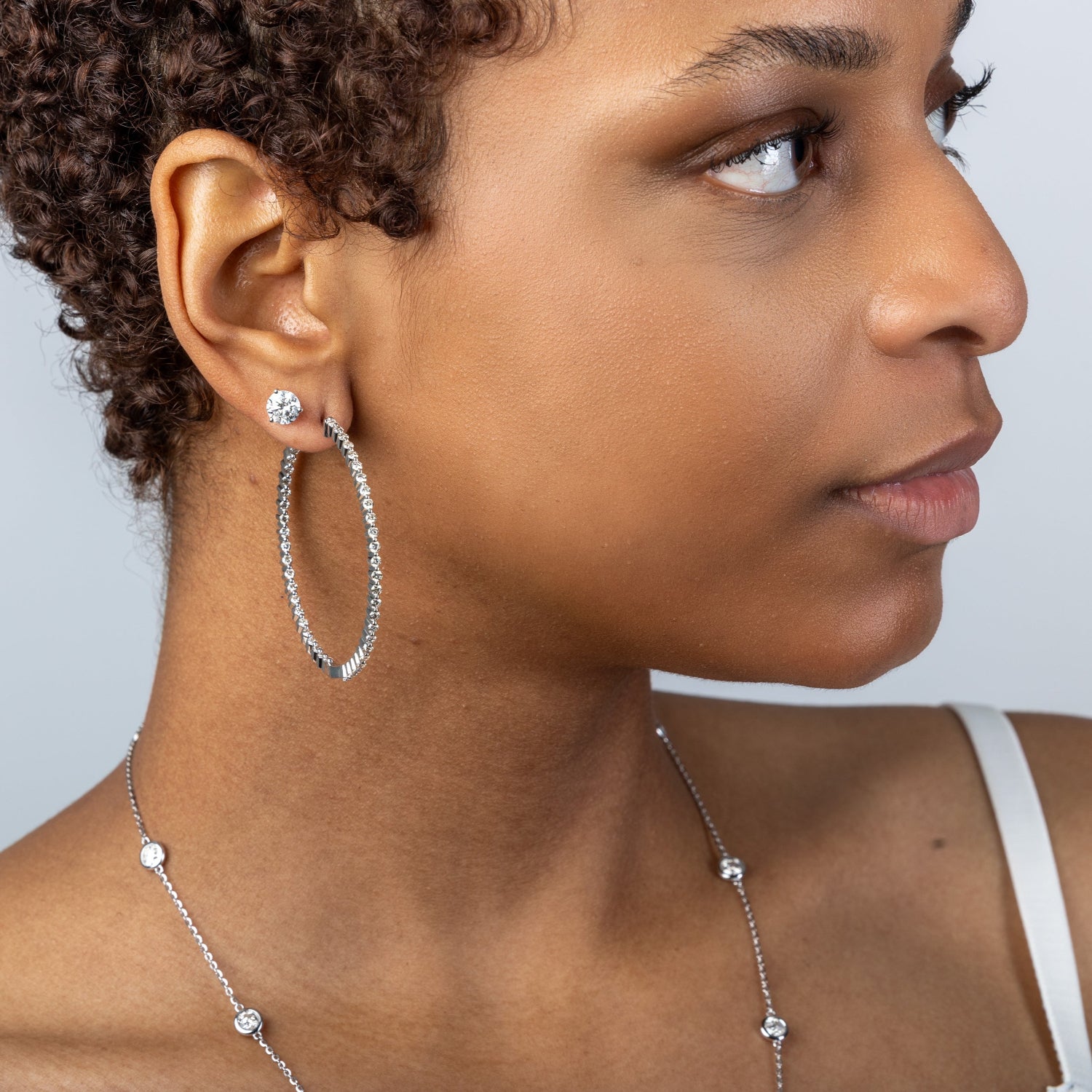 3.10 CTW 2 Inch Diamond Hoop Earrings in White Gold Paired with Stud Earrings, Bespoke by A + R