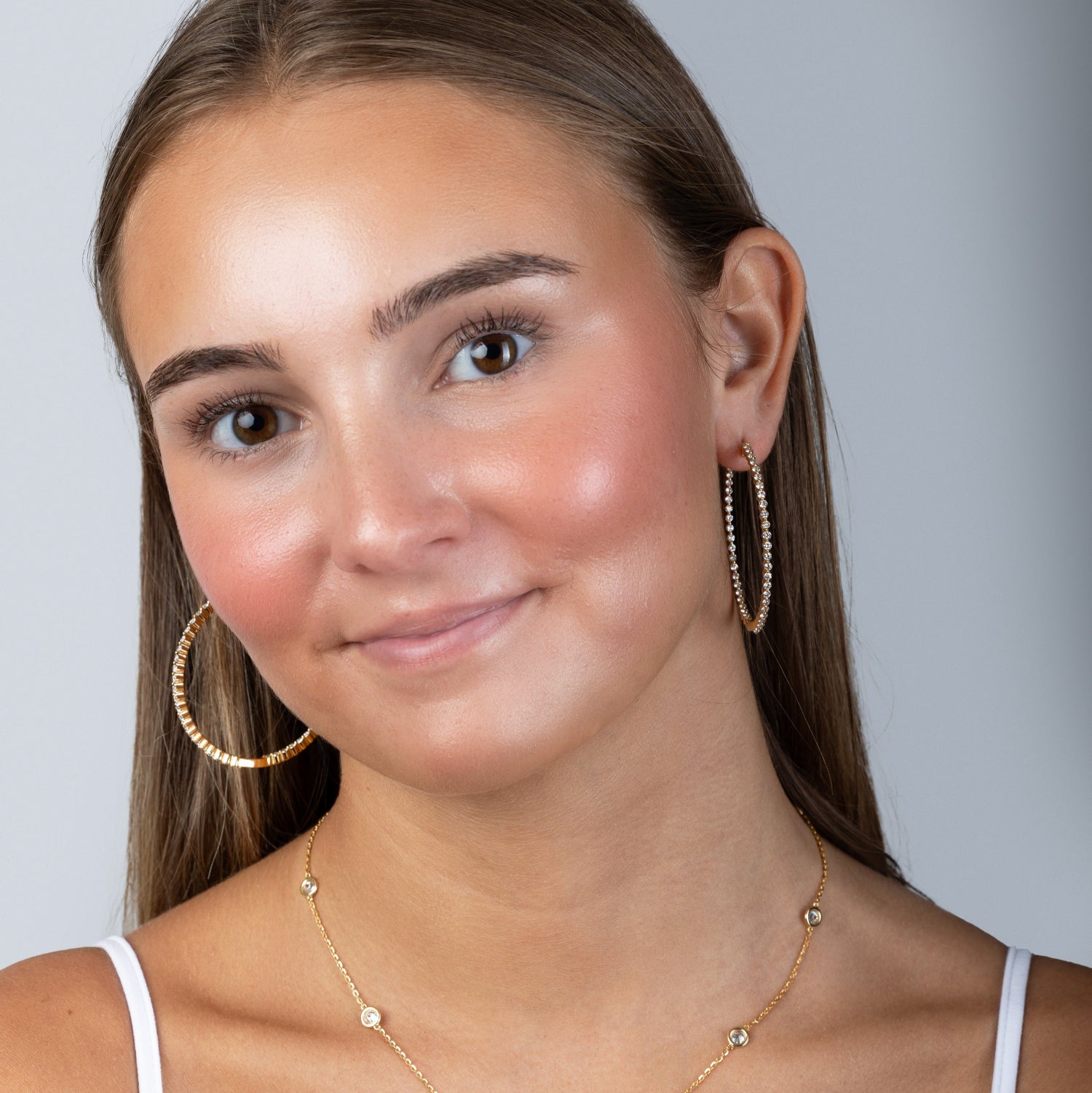 3.10 CTW 2 Inch Diamond Hoop Earrings in Yellow Gold on Model, Bespoke by A + R