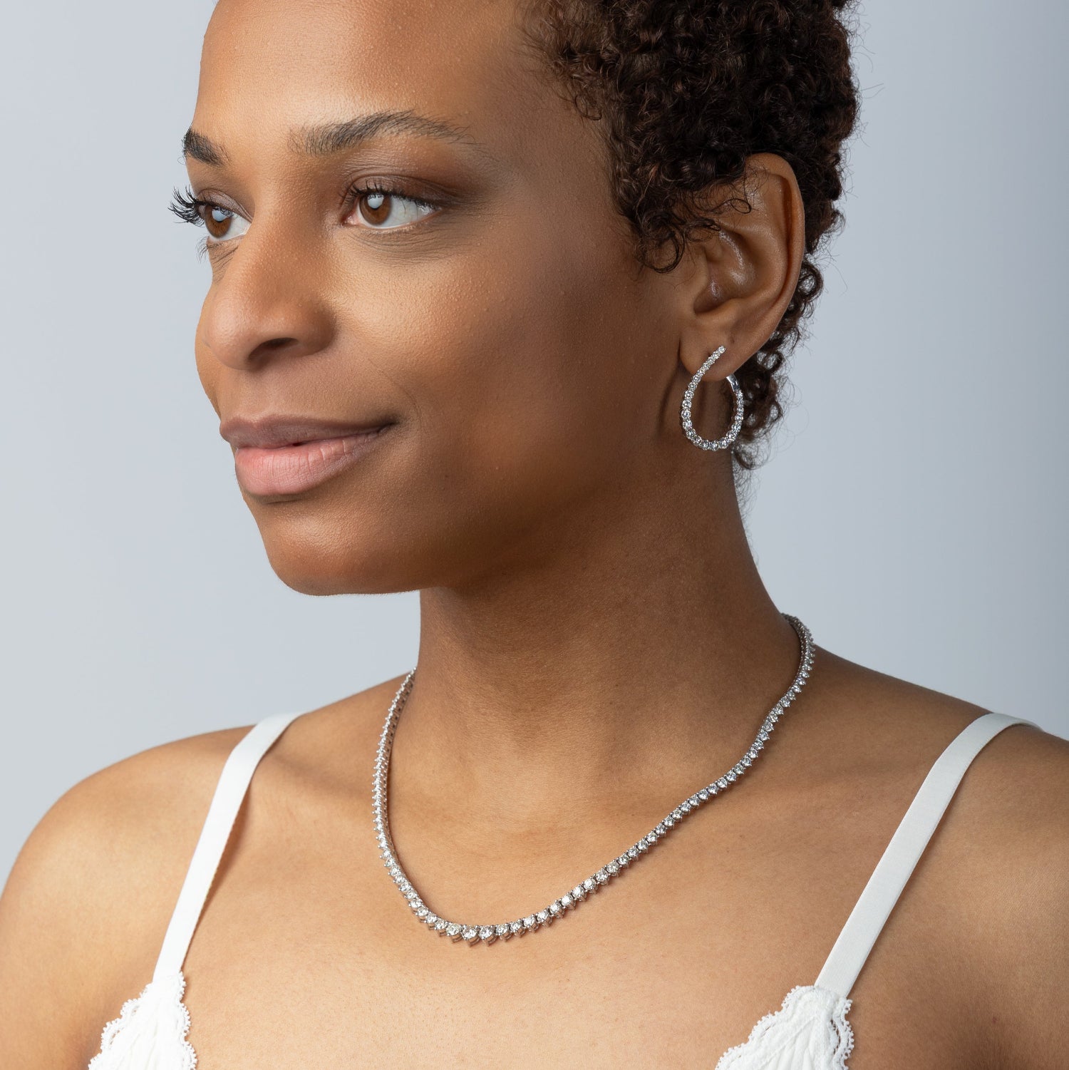 14KW 10.40CTW Graduated Diamond Necklace on Model, Bespoke by A + R