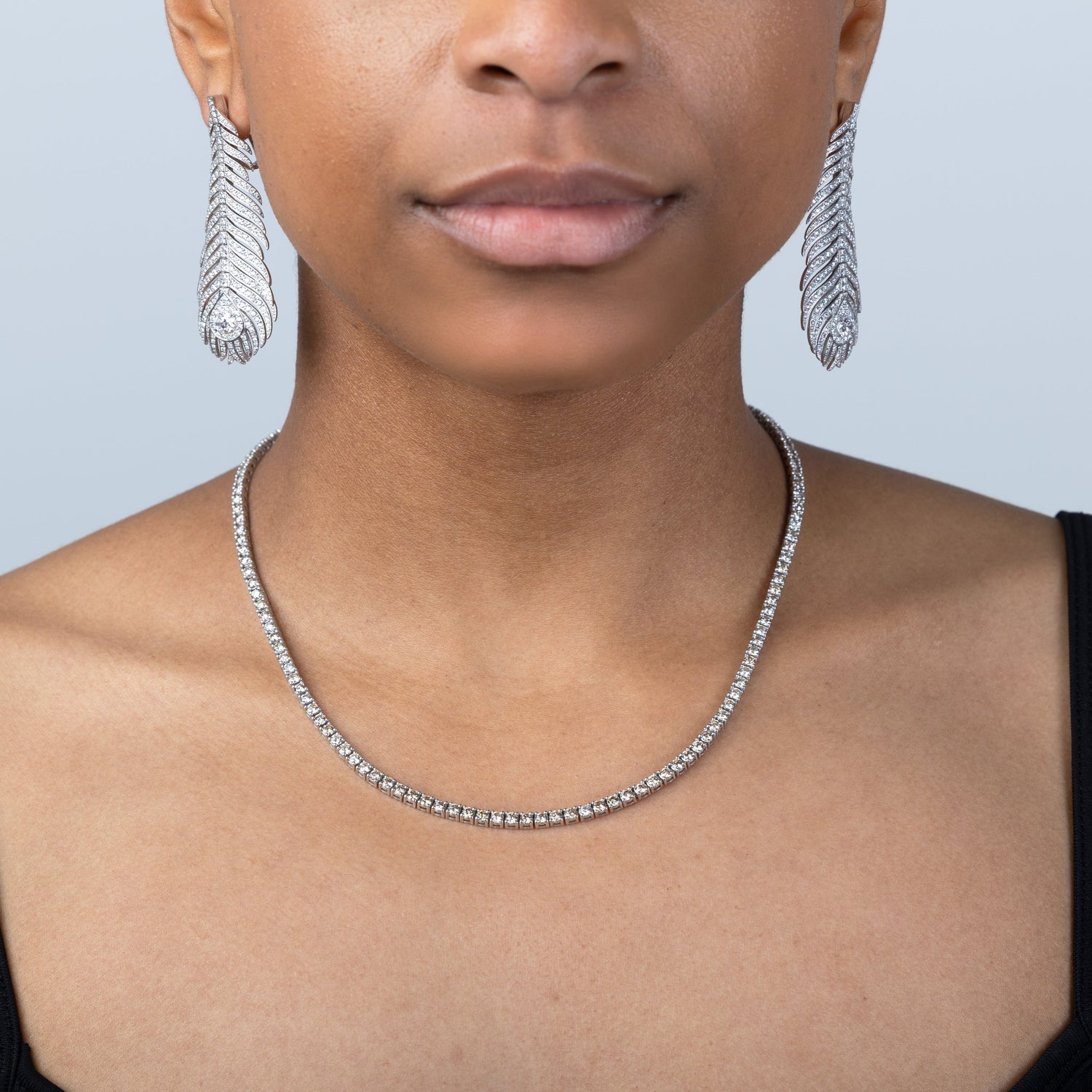 18KW 6.96CTW Diamond Feather Elegant Earrings in White Gold with Necklace, Bespoke by A + R