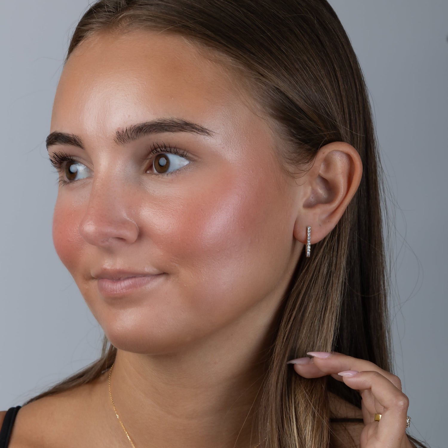18KT RG 0.45CTW Small Diamond Hoop Earrings on Model, Bespoke by A + R